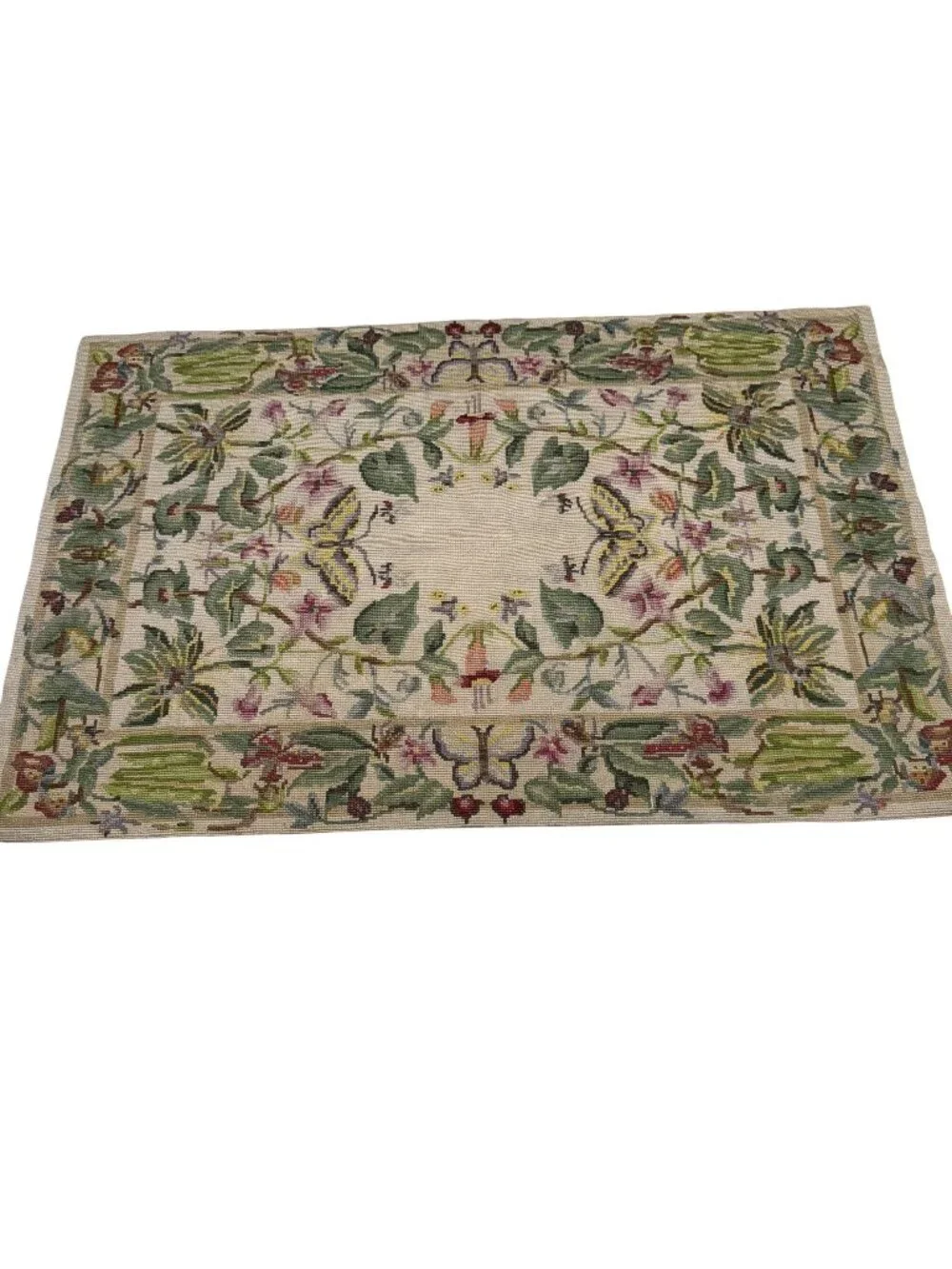 Needlepoint Hand Embroidered Aubusson Style Tapestry Mat Green Botanical Print 3